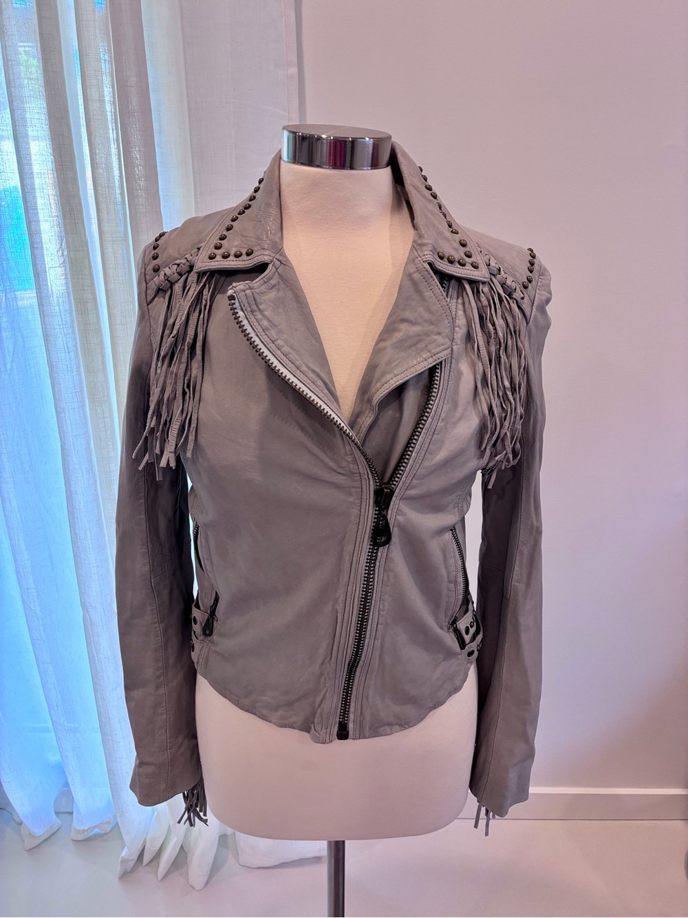 Doma Grey Fringed Stud Leather Jacket